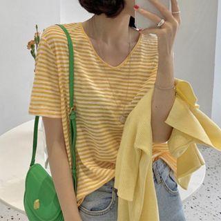 V Neck Striped Over-sized Short Sleeve T-shirt
