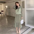 Long-sleeve Midi Floral Chiffon Dress / Knit Vest / Set