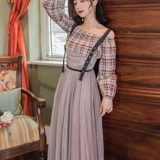 Long-sleeve Plaid Panel Cold-shoulder Mesh Midi Dress