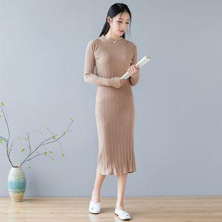 Long-sleeve Mandarin Collar Midi Sheath Knit Dress