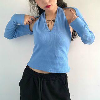 Set: Halter Mini Sheath Tank Top + Long-sleeve Cropped Top