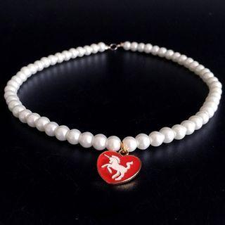 Unicorn Heart Pendant Faux Pearl Choker White & Red - One Size
