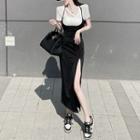 Set: Short-sleeve T-shirt + Side-slit Midi Overall Dress