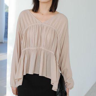 V-neck Long Sleeve Shirred Top