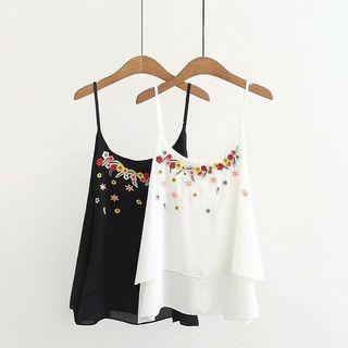Spaghetti Strap Embroidered Floral Chiffon Top