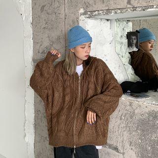 Hooded Zipped Knit Jacket Coffee - One Size