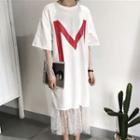 Set: Elbow-sleeve T-shirt Dress + Long-sleeve Lace Midi Dress
