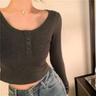 Plain Long-sleeve Slim-fit Cropped Top Dark Gray - One Size