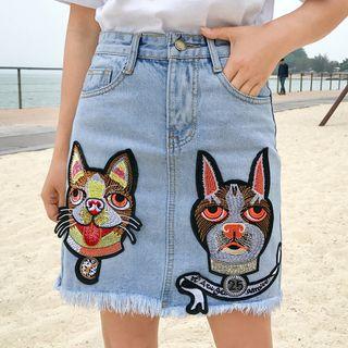 Dog Embroidery Fringed Denim Skirt