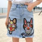 Dog Embroidery Fringed Denim Skirt