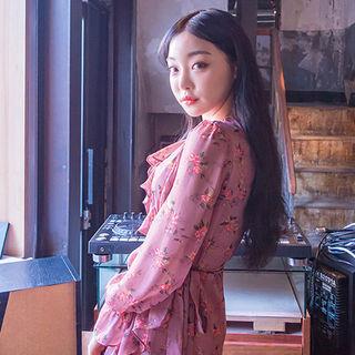 Frilled Floral Chiffon Surplice-wrap Dress