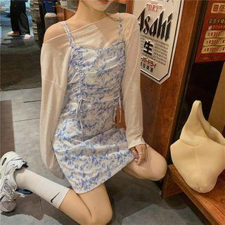 Long-sleeve T-shirt / Spaghetti Strap Printed Mini Sheath Dress