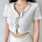 Short-sleeve V-neck Cropped Ruffle Trim Striped Knit Top
