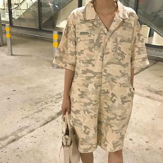 Elbow-sleeve Camo Print Playsuit