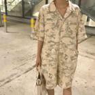 Elbow-sleeve Camo Print Playsuit