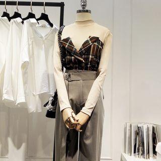 Mock Two-piece Plaid Panel Knit Top