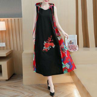 Flower Embroidered Floral Panel Sleeveless Hoodie Dress