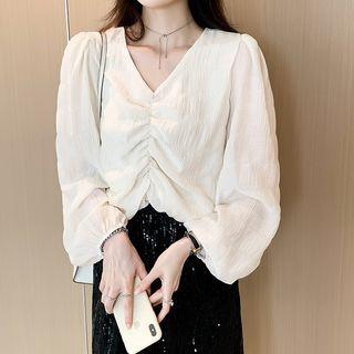 Short-sleeve V-neck Chiffon Blouse Almond - One Size