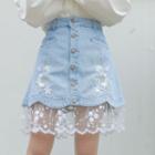 Lace Panel Embroidered Denim Skirt
