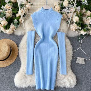 Stand-collar Knit Dress With Sleeve Guards