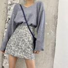 Plain V-neck Long-sleeve Loose-fit Knit Top / Leopard High-waist Skirt