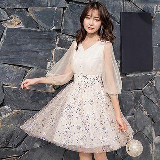 Sequined Mesh Panel Elbow-sleeve A-line Dress