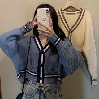 V Neck Color-block Knit Cardigan