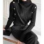 Turtle-neck Button-trim Ribbed Knit Top