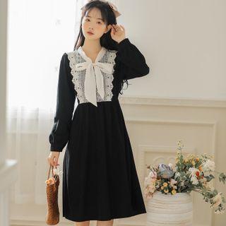 Bow-neck Lace Panel Midi A-line Dress