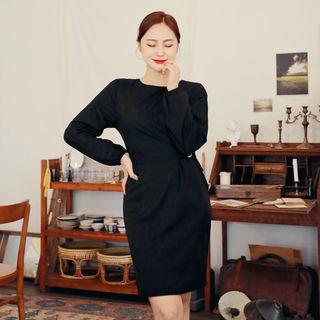 Bishop-sleeve Belted Sheath Dress