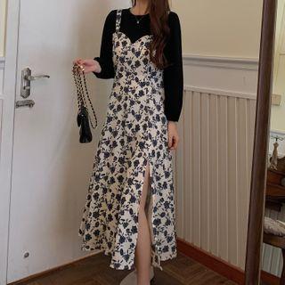 Mock Two-piece Floral Panel Slit Midi A-line Dress