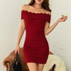 Off-shoulder Sheath Mini Knit Dress Wine Red - One Size