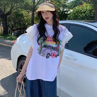 Cap-sleeve Bus Print Ruffled T-shirt