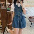 Puff-sleeve Collared Blouse / Denim Mini A-line Overall Dress