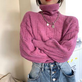 Long-sleeve Turtleneck Plain Cable Knit Sweater