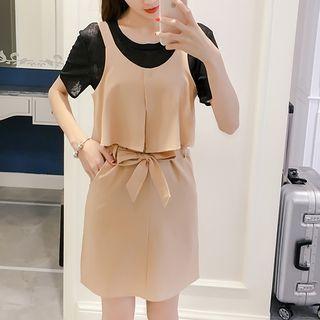 Set: Plain Short Sleeve Mesh T-shirt + Plain Tank Dress