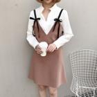 Set: Pinstriped Strappy Dress + V-neck Long-sleeve Shirt