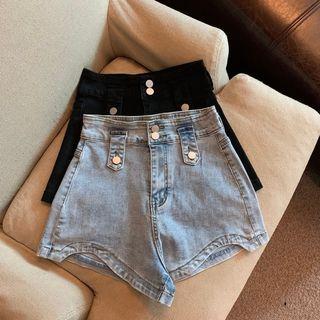 High-waist Asymmetrical Wide-leg Denim Shorts