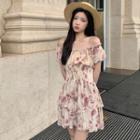 Off-shoulder Ruffle Trim Gather Waist Layered Floral Dress