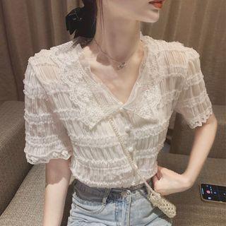 Short-sleeve Chiffon Ruched Peter-pan Collar Blouse