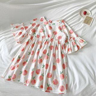 Grapefruit Printed Crewneck Flare-sleeve Dress