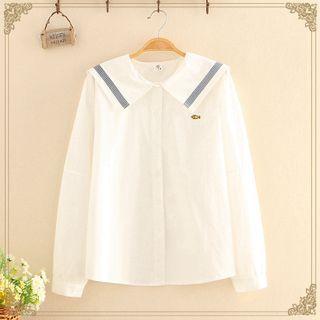 Fish Embroidered/ Bear Print Collar Long-sleeve Shirt (various Design)