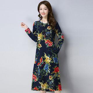 Floral Print Long-sleeve Midi Shift Dress