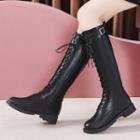 Buckled Block Heel Lace Up Knee-high Boots