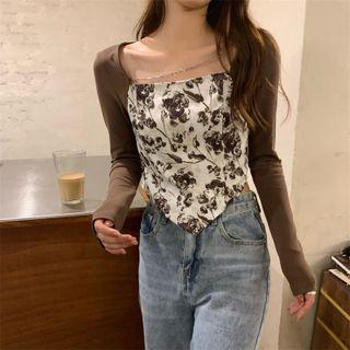 Long-sleeve Flower Print Asymmetrical T-shirt