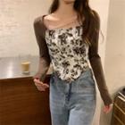 Long-sleeve Flower Print Asymmetrical T-shirt