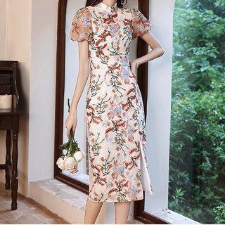 Short-sleeve Embroidered Mandarin Collar Midi Dress