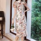 Short-sleeve Embroidered Mandarin Collar Midi Dress