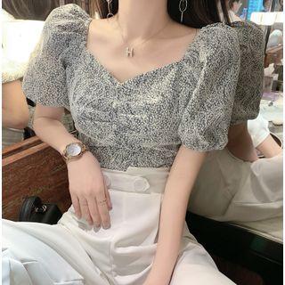 Puff-sleeve Floral Print Bow-back Blouse