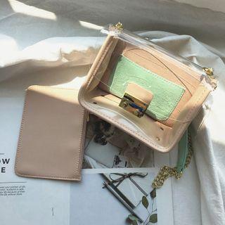 Set: Transparent Panel Flap Crossbody Bag + Zip Pouch